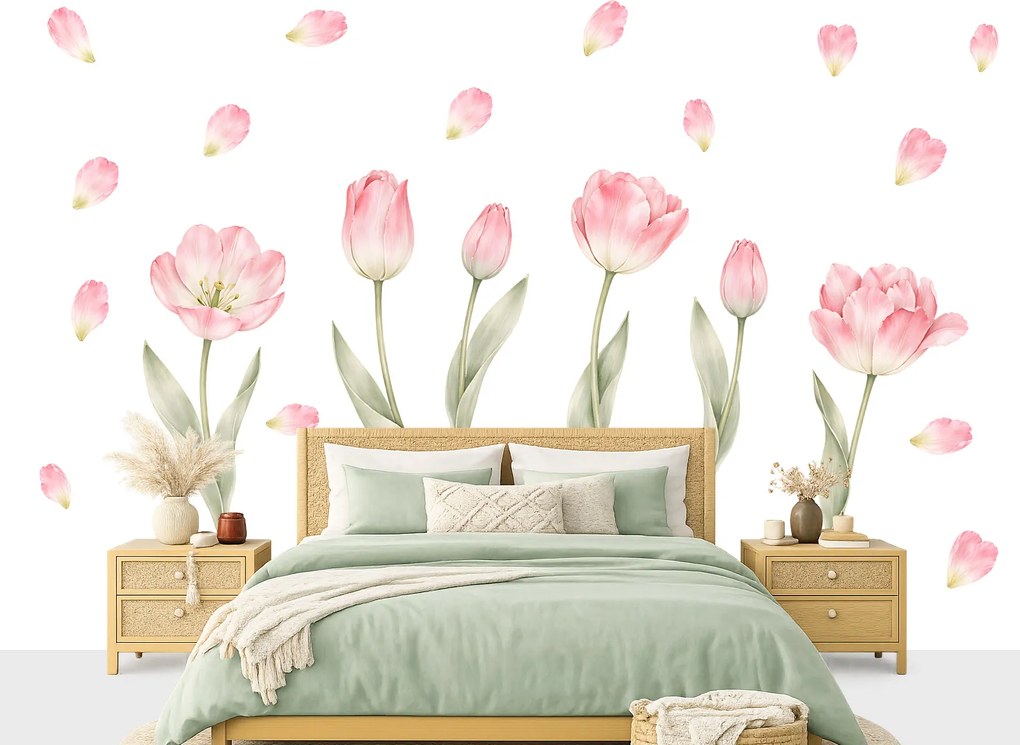 Kvety tulipány textilní prelepiteľná samolepiaca dekorácia na stenu hárok 46 x 33 cm