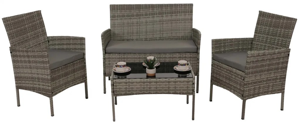 Záhradná súprava 2 kresiel, pohovky a stolíka HWC-N98 - sivá, vankúše svetlosivá