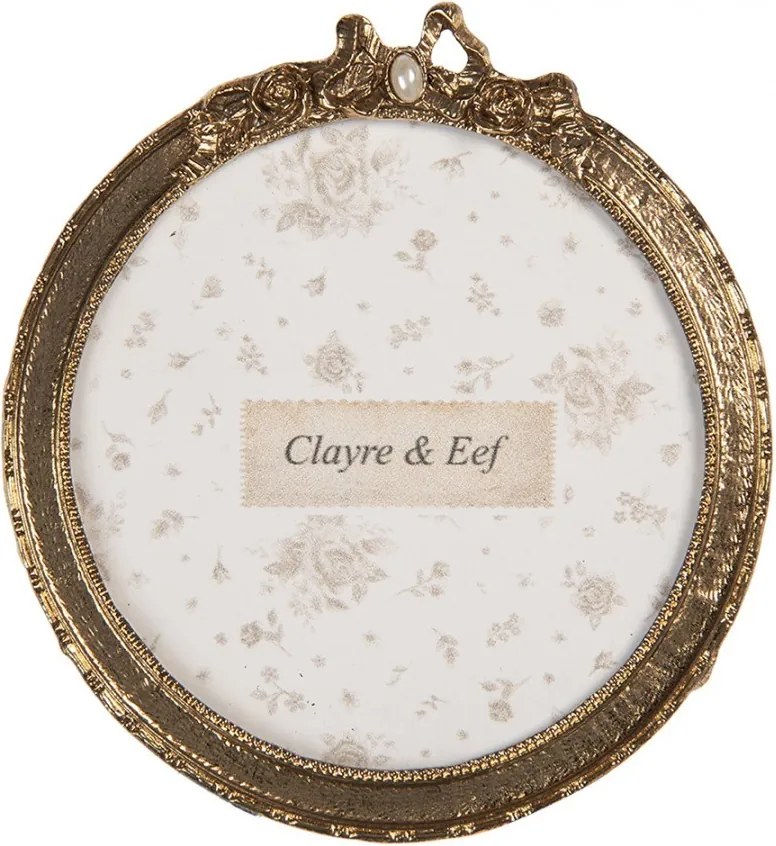 Zlatý antik okrúhly fotorámik zdobený mašličkou - 10*1*11 cm / Ø 9 cm