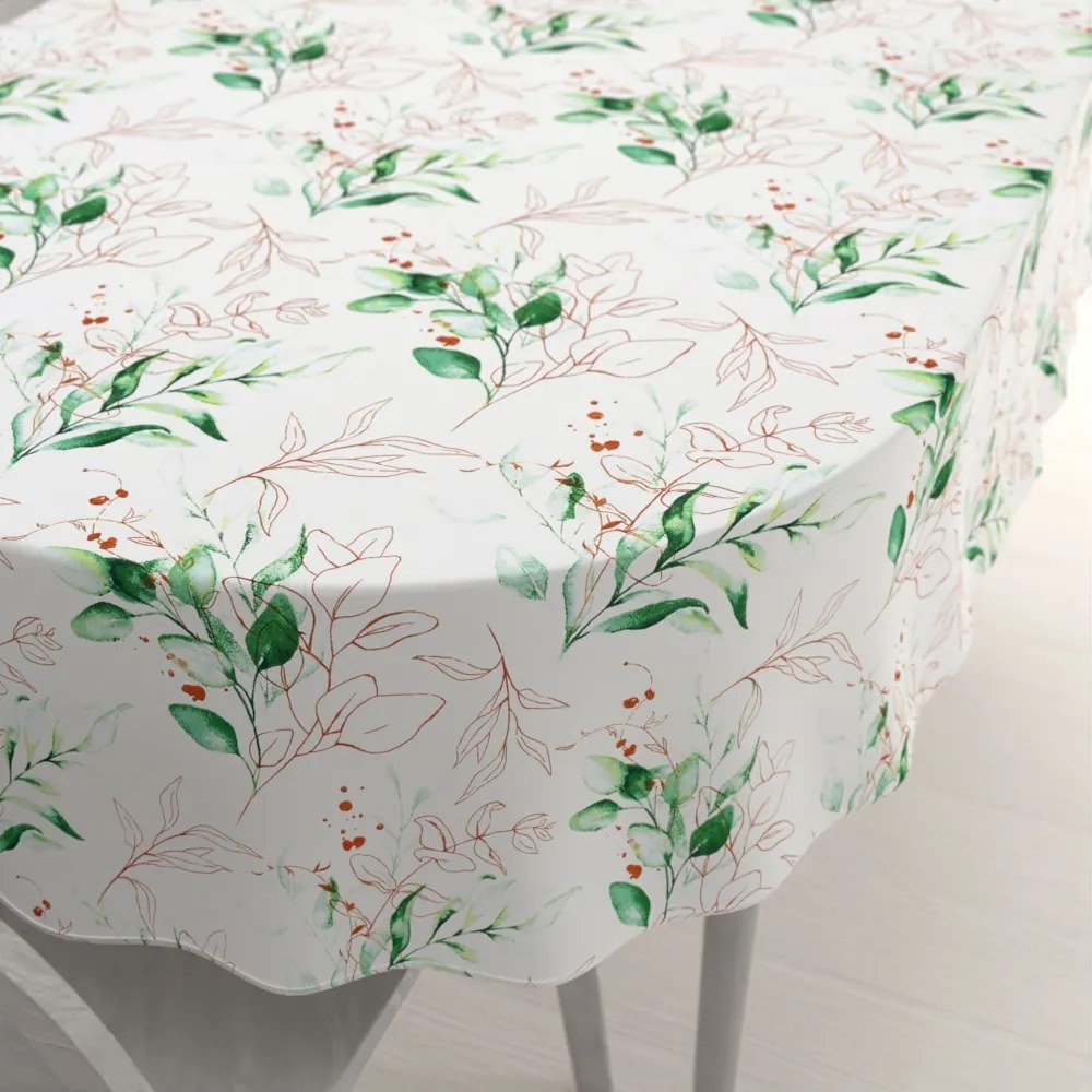 Biante Bavlnený oválny obrus Sandra SA-706 Zeleno-hnedé vetvičky s lístkami na bielom 140x160 cm