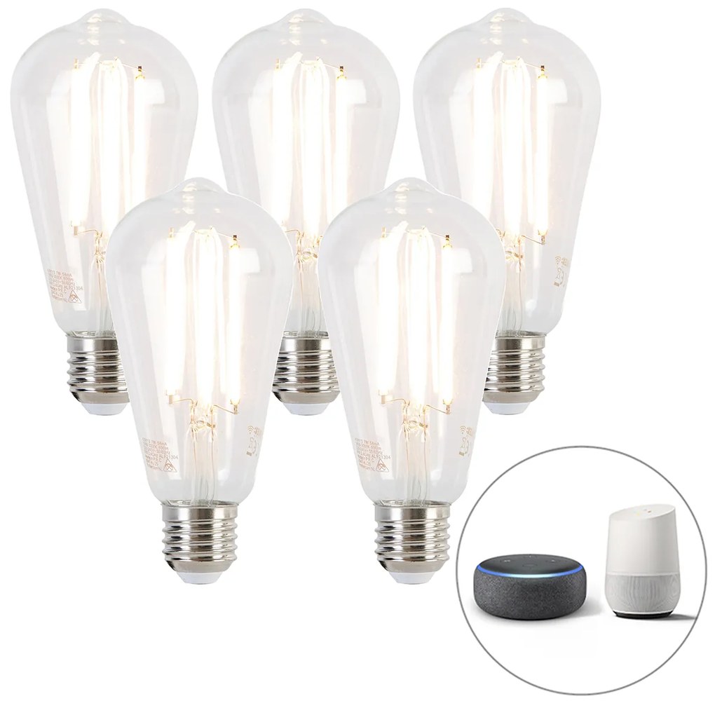 Sada 5 inteligentných E27 žiaroviek s tlmeným teplým svetlom LED ST64 7W 806lm 1800-3000K