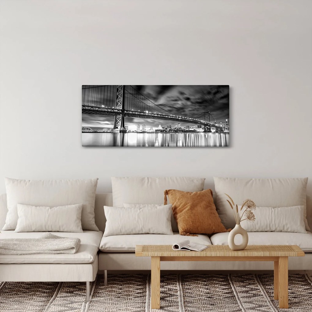 Obraz - Most Benjamina Franklina, Filadelfia, čiernobiely (120x50 cm)