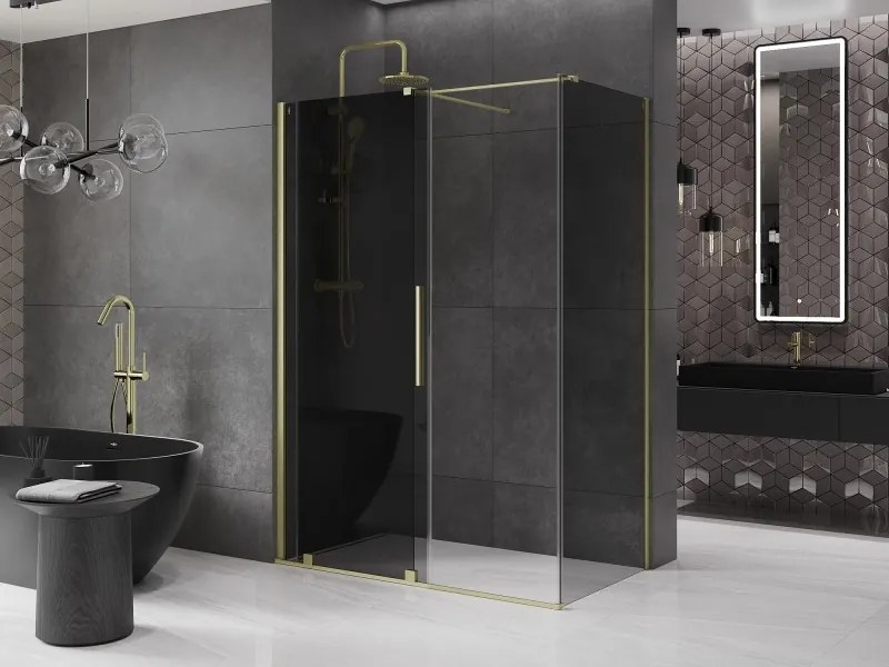 Mexen Velar, sprchový kút s posuvnými dverami 150 x 85 cm, 8mm šedé sklo, zlatá matná, 871-150-085-41-55