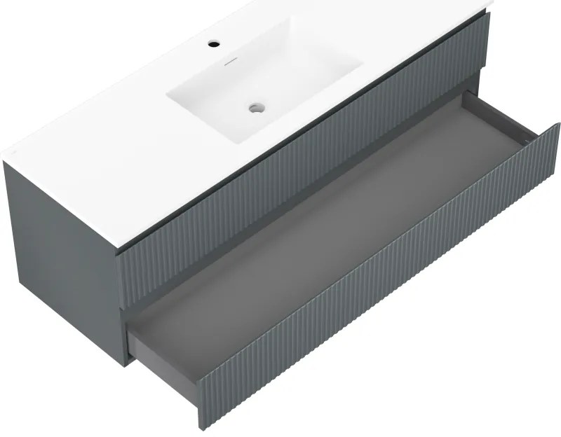 Mexen Rivel, kúpeľňová skrinka 140 cm s umývadlom Otis, 2 zásuvky, drážkovaná, grafitová matná/biela matná, 91A20-14047-2-BFF66-W18M