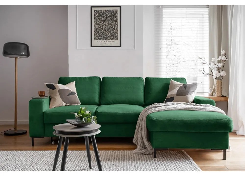 Tmavozelená menčestrová rozkladacia rohová pohovka (pravý roh) Lofty Lilly – Miuform