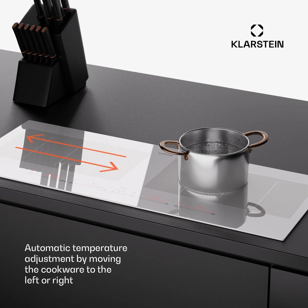 Klarstein Masterzone 90 Slim Flex, indukčná varná doska, max. 7200 W, vstavaná, 4 zóny, 2 Flex zóny, technológia ThermoBoost, Smart Flex