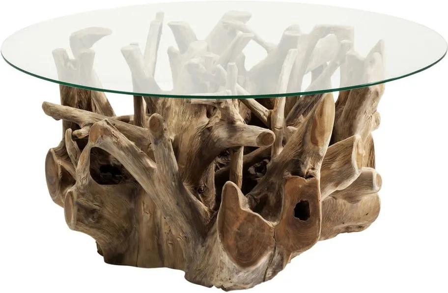 Sklenený odkladací stolík s podstavcom z teakového dreva Kare Design Roots, Ø 100 cm