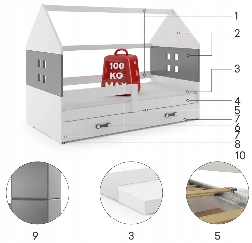 BMS Group Detská posteľ domček DOMI biela - sivá so zásuvkou 160x80cm