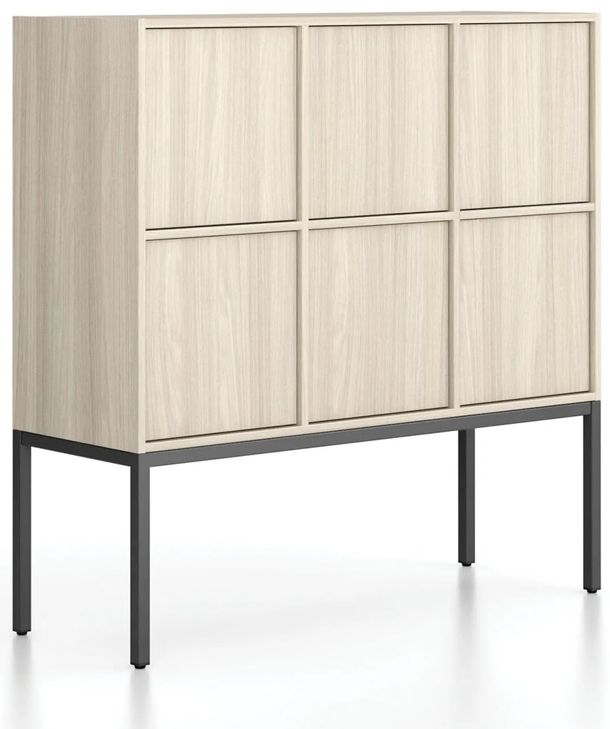 Kancelárska skriňa FRAME, nízka, čierna podnož, 6x dvere, 1299 x 450 x 1331 mm, PUSH-lock, dub prírodný