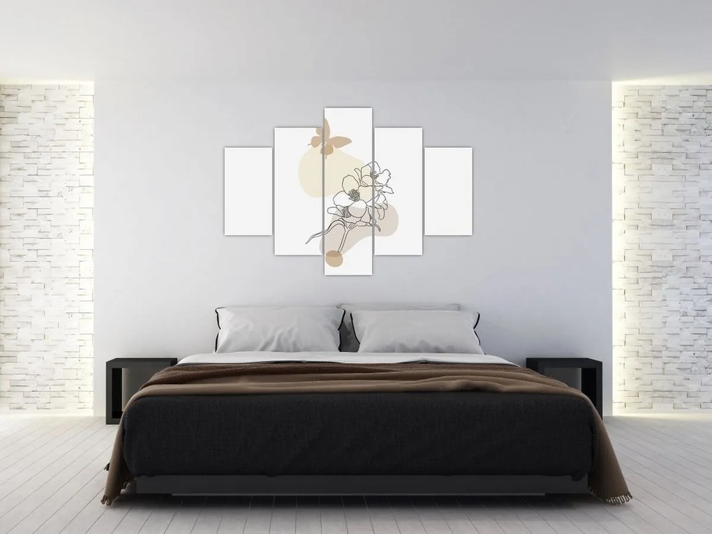 Obraz - Béžové kvety s motýľom N⁰3 (150x105 cm)