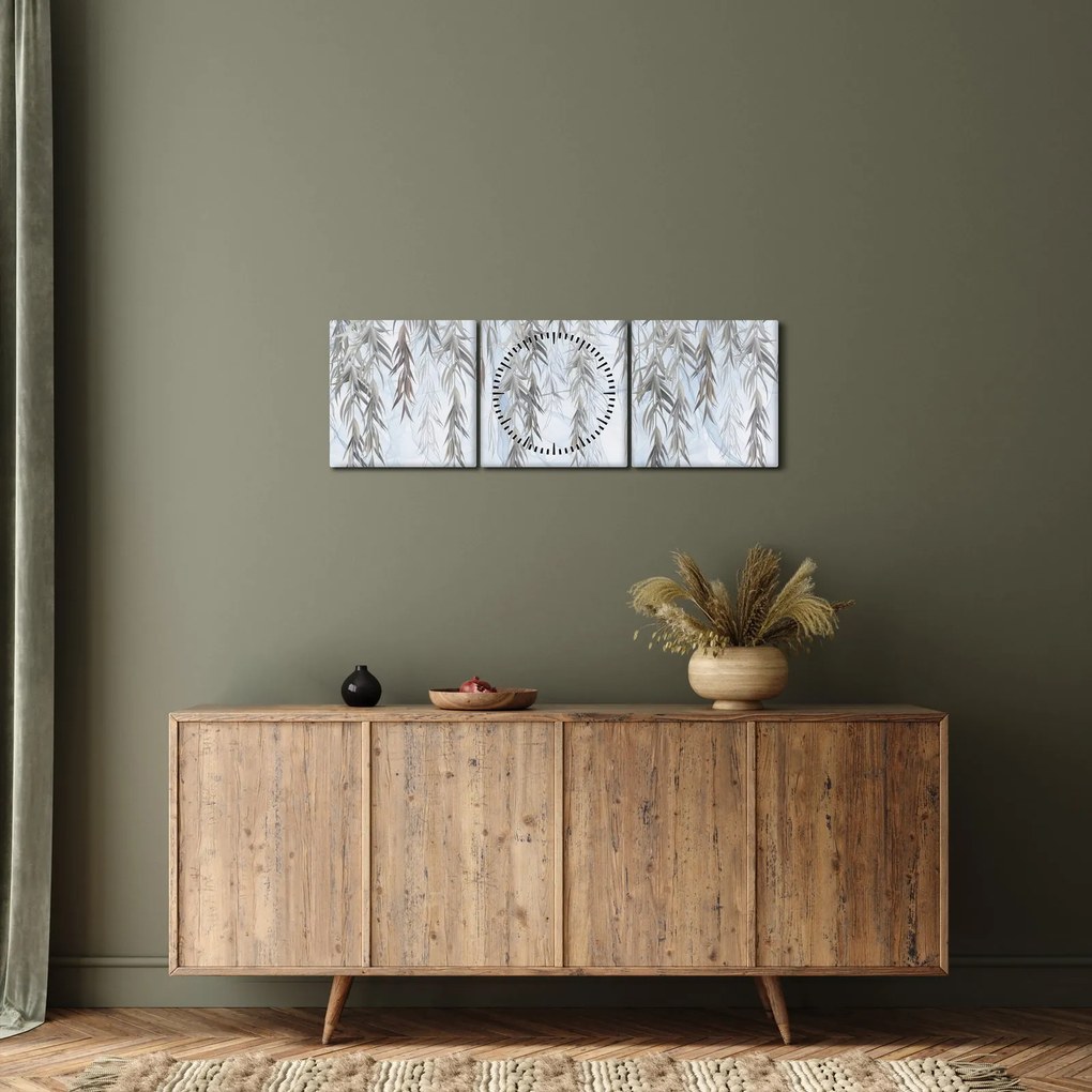 Obraz - Vŕbové vetvičky v modrom pozadí (s hodinami) (90x30 cm)
