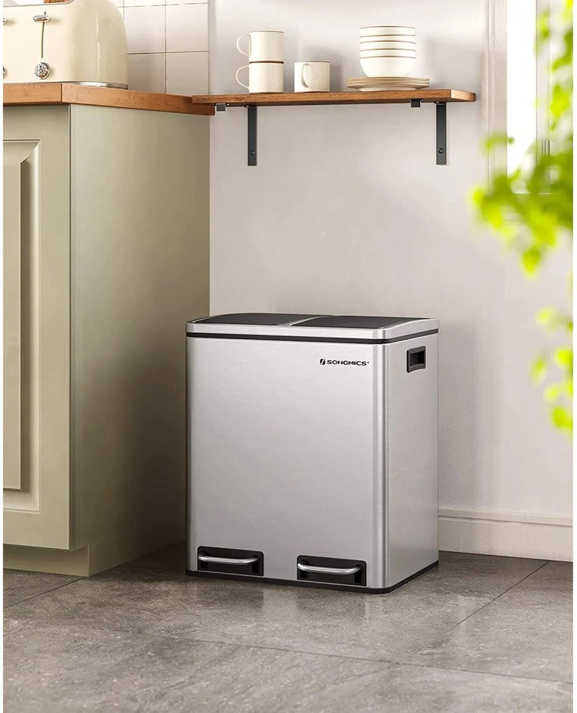 Kôš na selektívny odpad 30 L, kuchynský odpadkový kôš 2 x 15 litrov, strieborný