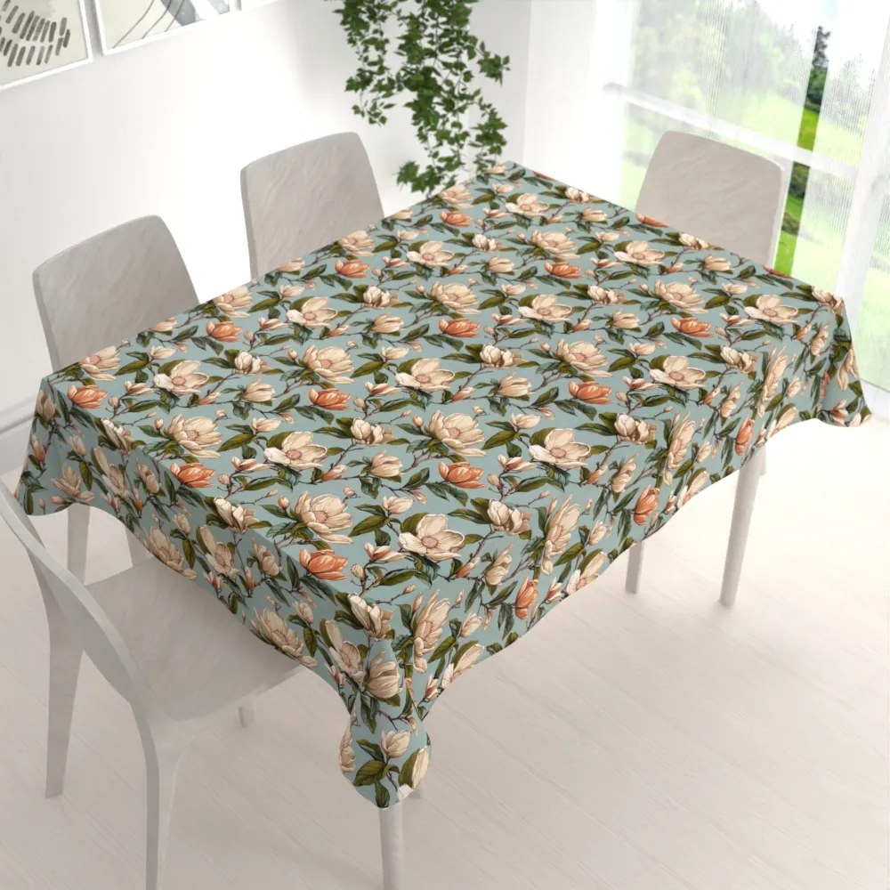 Biante Bavlnený obdĺžnikový obrus Sandra SA-545 Kvety magnólie na sivomodrom 50x100 cm