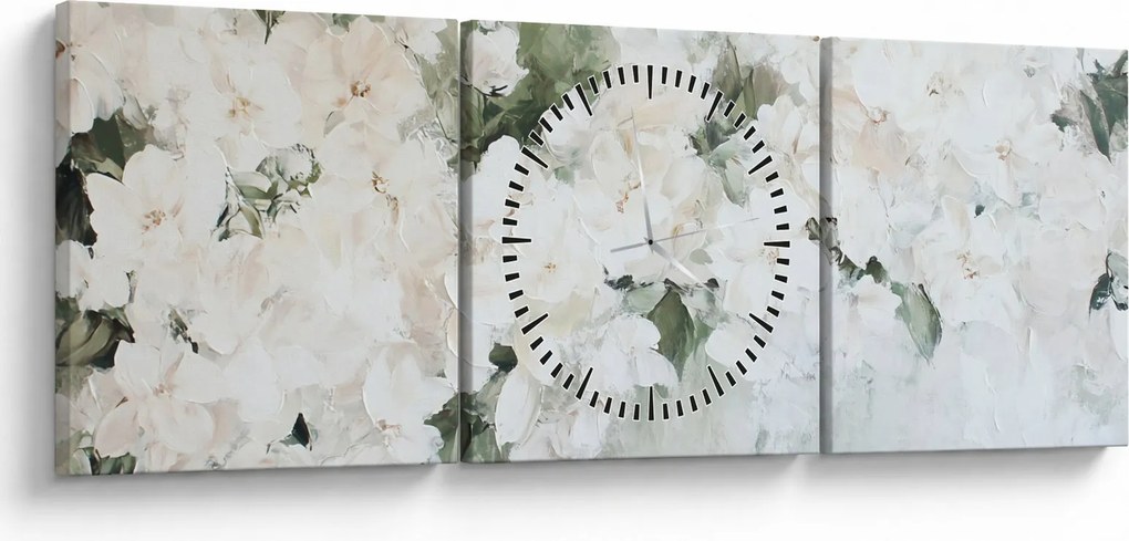 Obraz - Abstrakcia bielych kvetov (s hodinami) (90x30 cm)