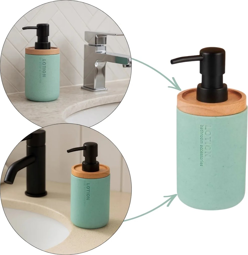 Dávkovač mydla Loudis, mätová/s drevenými a čiernymi prvkami, 280 ml