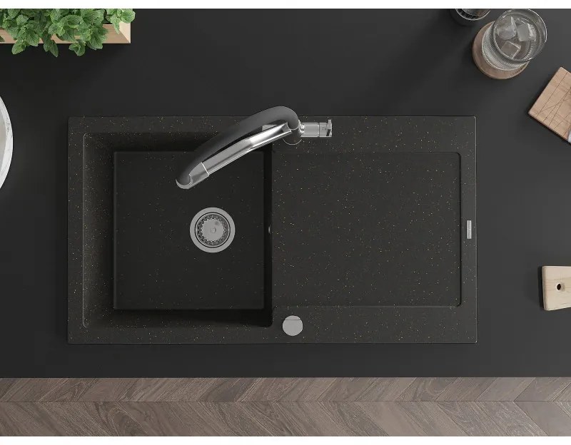 Mexen Leo, 1-komorový granitový drez 900x500x190 mm a drezová batéria Duo, čierna-zlatá metalíza, 6501-75-671701-07