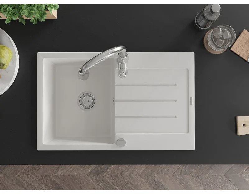 Mexen Bruno, 1-komorový granitový drez 795x495x200 mm a drezová batéria Savita, biela, 6513-20-672601-00