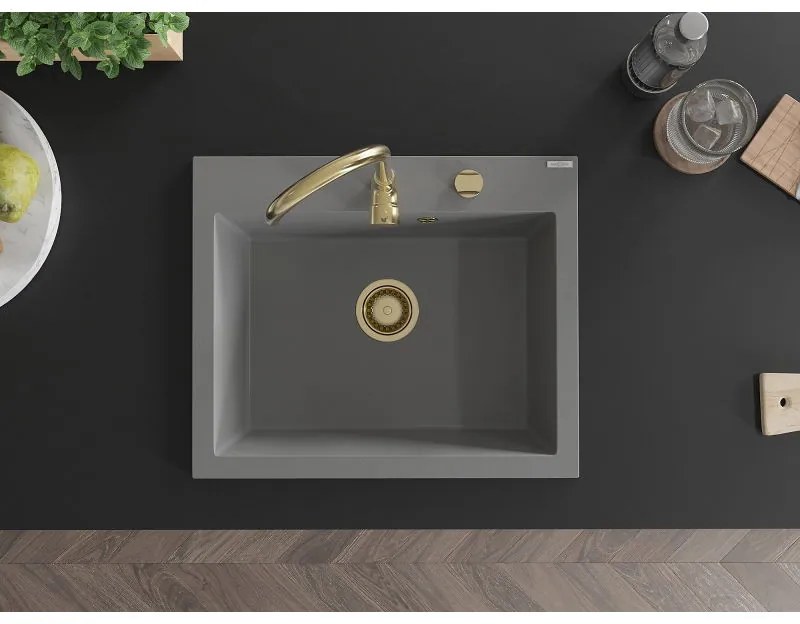Mexen Elix, 1-komorový granitový drez 600 x 500 mm, sivý, zlatý sifón - 6525601005-71-G
