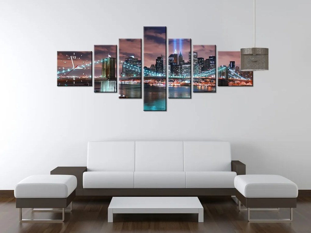 Gario Obraz s hodinami Panoráma Manhattanu - 7 dielny Rozmery: 210 x 100 cm