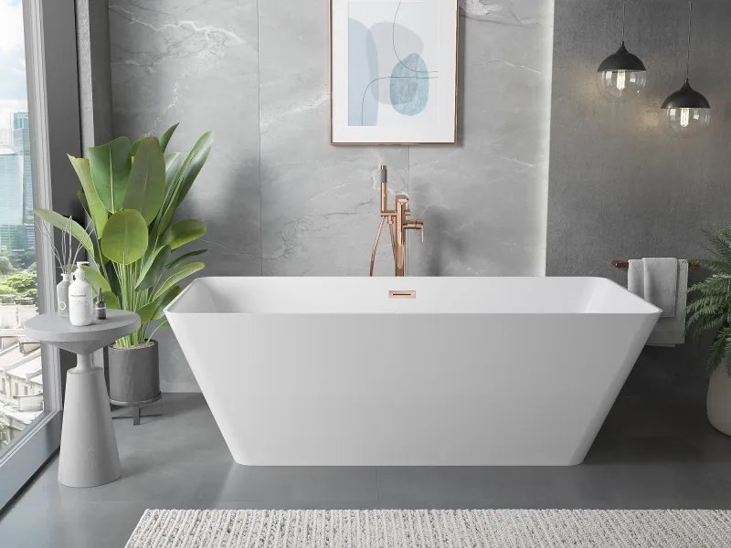 Mexen Velo Slim, voľne stojaca vaňa 170 × 75 cm, biela lesklá, ružové zlato prepad, 52811707500-60
