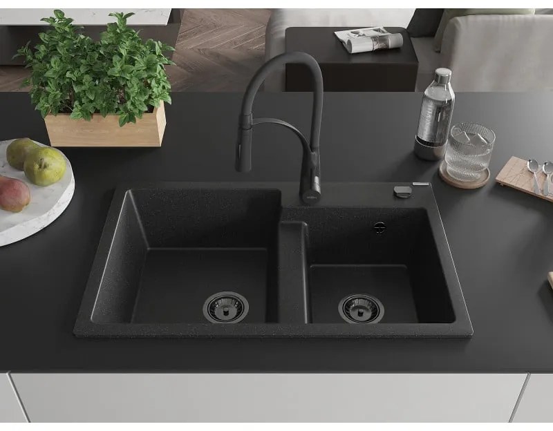 Mexen Tomas, 2-komorový granitový drez 800x500x190 mm a drezová batéria Aster, čierna-strieborná metalíza, 6516-73-73450-70-B