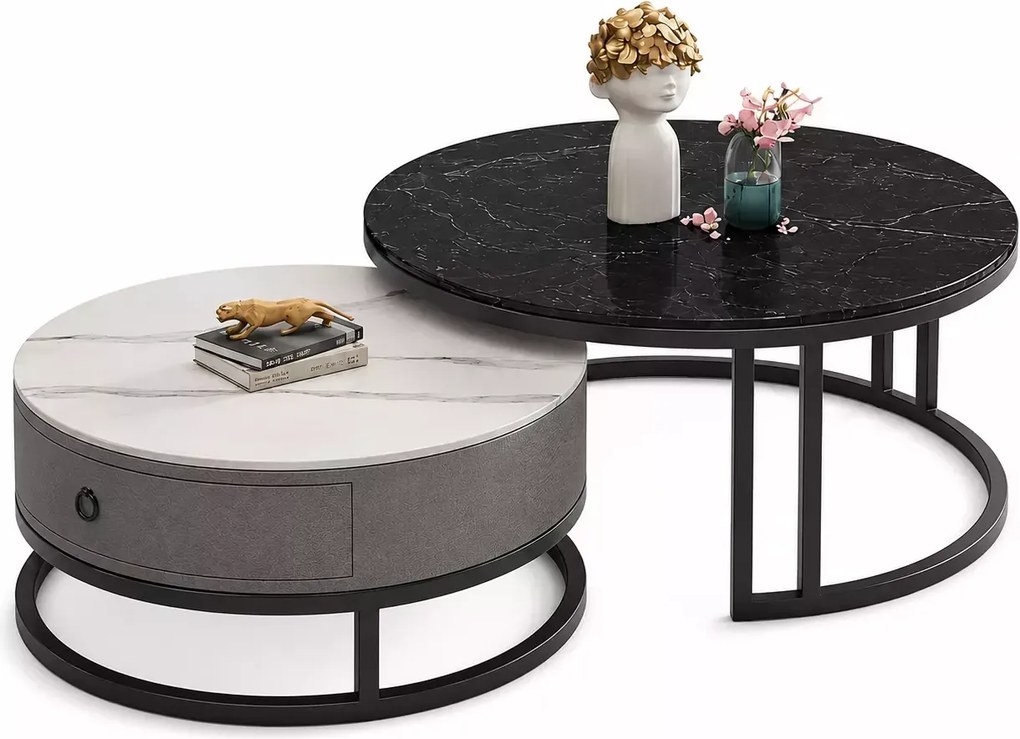 LuxuryForm DESIGN Konferenčný stolík AMARO 80 / 60 cm – biely a čierny mramor (set 2 ks)