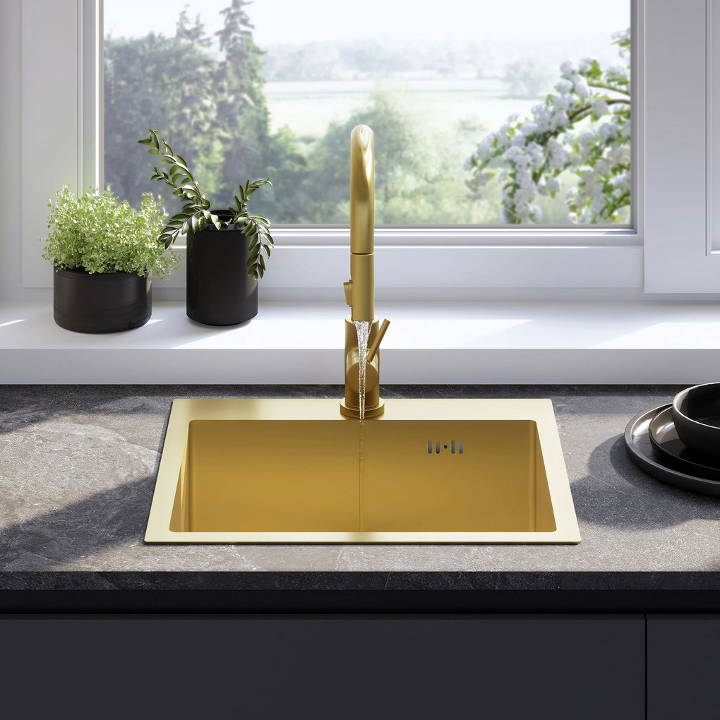 Rea Leo, 1-komorový oceľový drez 500x450x185 mm, zlatá matná, ZLE-06004