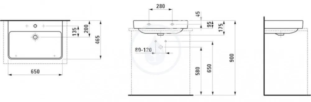 LAUFEN Pro S Umývadlo, 650 mm x 465 mm, 3 otvory na batériu, s LCC, biela H8169644001081