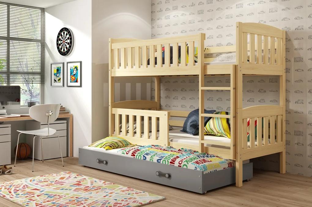 Detská poschodová posteľ s prístelkou KUBUŠ 3 | borovica Farba: Borovica / sivá, Rozmer.: 200 x 90 cm