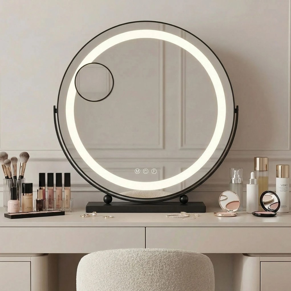 Rea MAKE-UP, kozmetické LED zrkadlo 40 cm v čiernom ráme na postavenie, HOM-12020