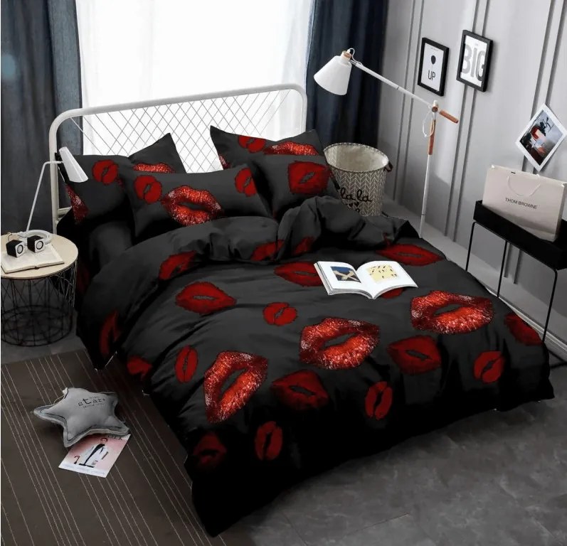 Obliečky z mikrovlákna RED KISS čierne Rozmer obliečky: 70 x 80 cm | 140 x 200 cm