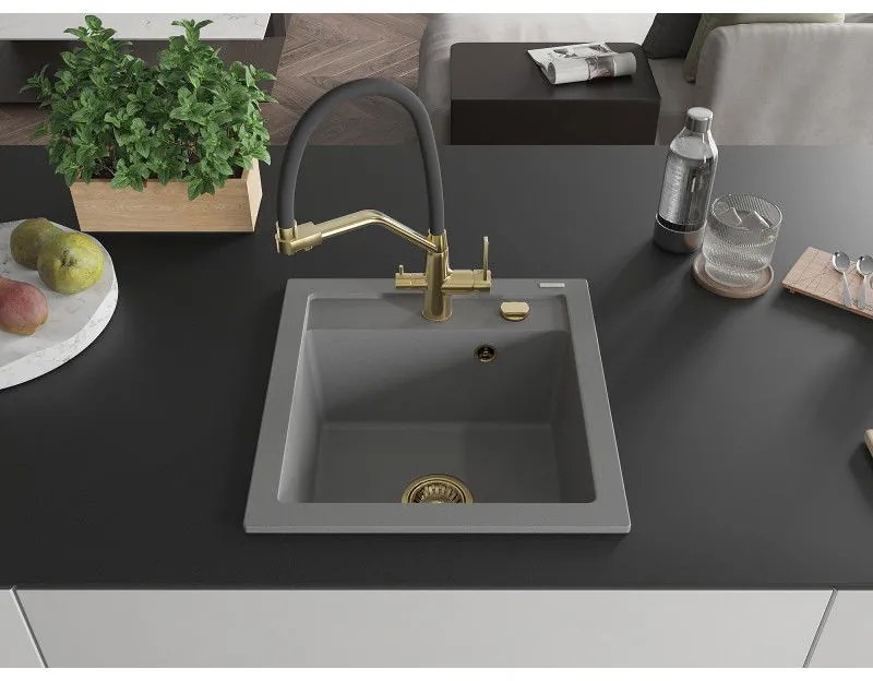 Mexen Vito, 1-komorový granitový drez 520x490x210 mm, drezová batéria Duo, šedá, 6503-71-671701-57-G
