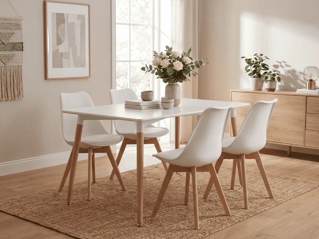 Jedálenský set 1 + 4, biely stôl ADRIA 120x80 cm + biela stolička BALI MARK s bukovými nohami