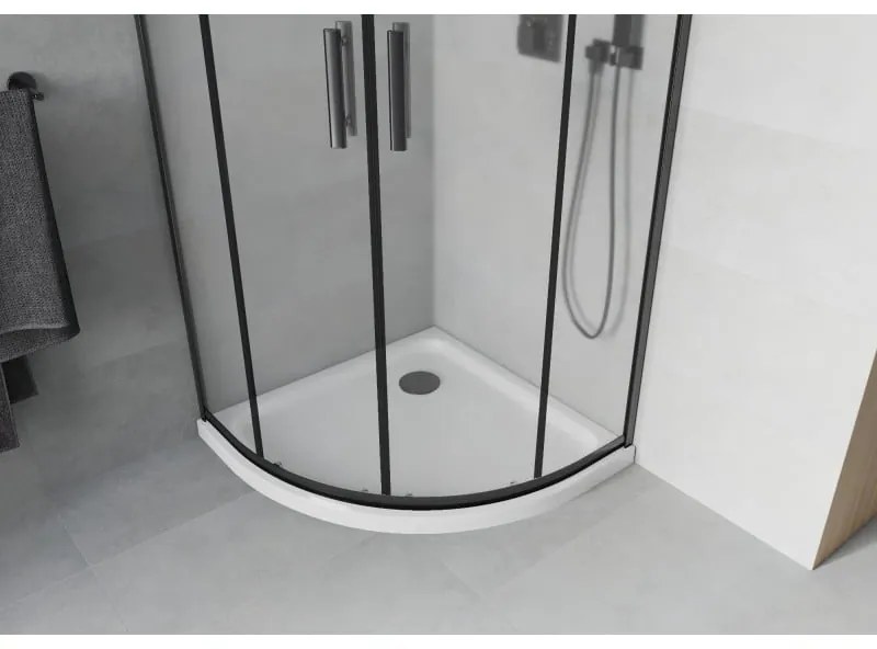 Mexen Rio, štvrťkruhový sprchovací kút s posuvnými dverami 90(dvere) x 90(dvere) x 190 cm, 6mm sklo námraza, čierny profil + biela sprchová vanička SLIM, 863-090-090-70-30-4110B