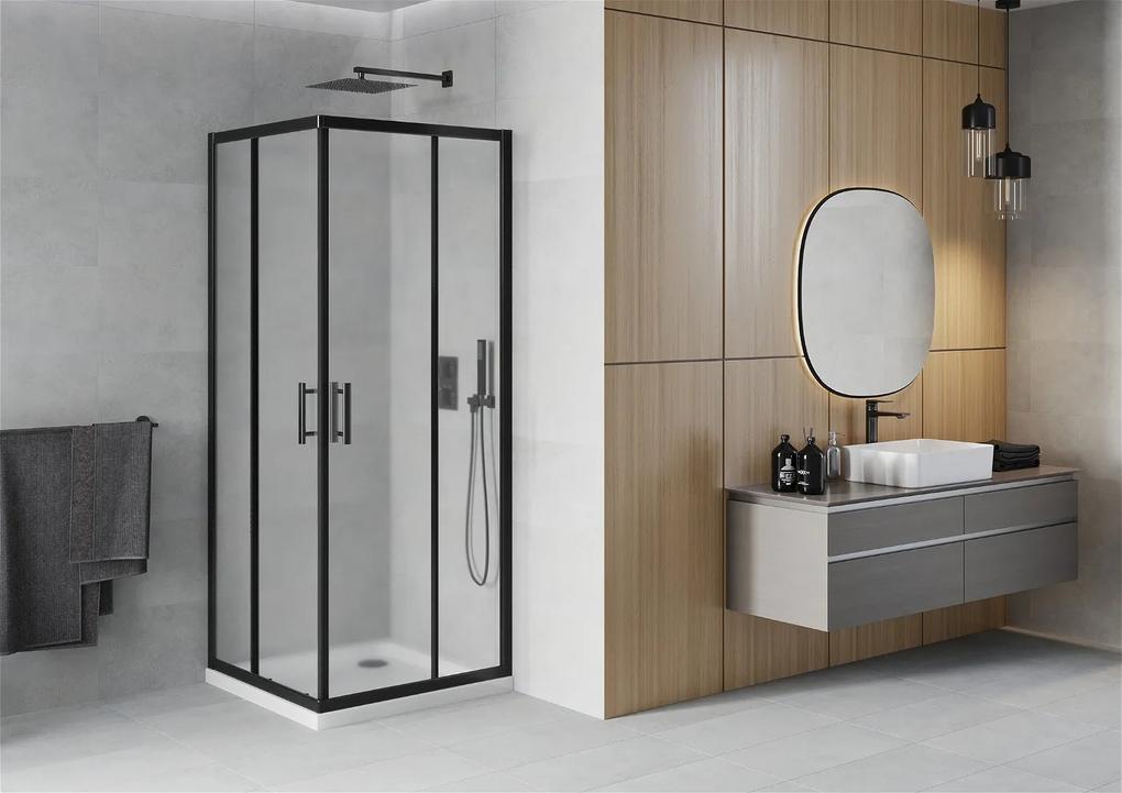 Mexen Rio, sprchový kút s posuvnými dverami 90x90x190 cm, 5mm sklo námraza, čierny profil + biela sprchová vanička SLIM, 860-090-090-70-30-4010B