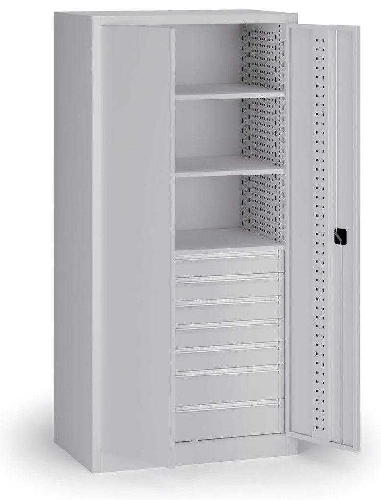 Dielenská zásuvková skriňa na náradie KOVOS, 3 police, 7 zásuviek, perforovaná, 950 x 600 x 1950 mm, sivá