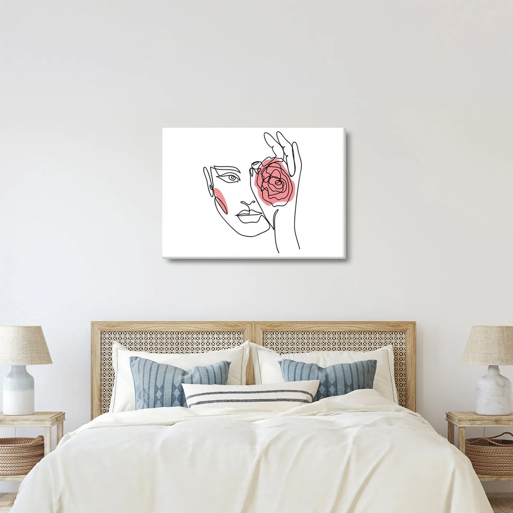 Obraz - Line art tvár s ružou (70x50 cm)
