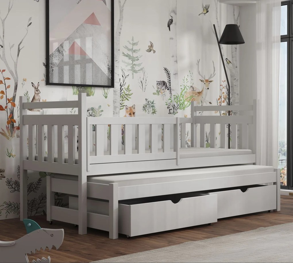 Detská posteľ z masívu borovice PROKOP s prístelkou a šuplíkmi - 200x90 cm - BIELA