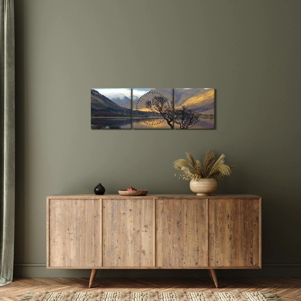 Obraz - Hory pri jazere (s hodinami) (90x30 cm)