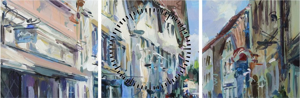 Obraz - Ulička starého mesta, akrylová maľba (s hodinami) (90x30 cm)