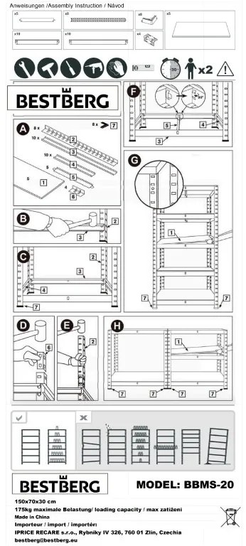 Kovový regál BestBerg BBMS-20 / 70 x 150 x 30 cm / 5 políc / strieborná/hnedá