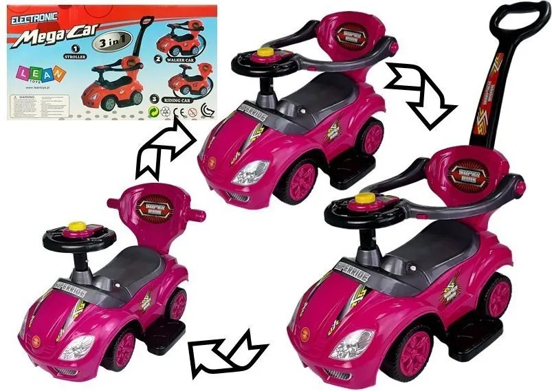 LEAN CARS Detské odrážadlo s vodiacou tyčou Mega Car 3v1, ružové