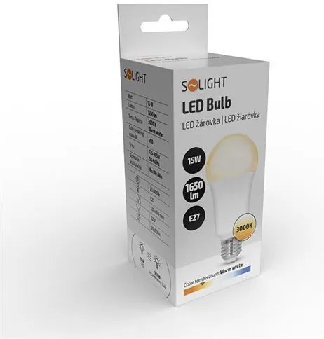 SOLIGHT LED žiarovka klasický tvar A65 15W, E27, 3000K, 220 °, 1650lm