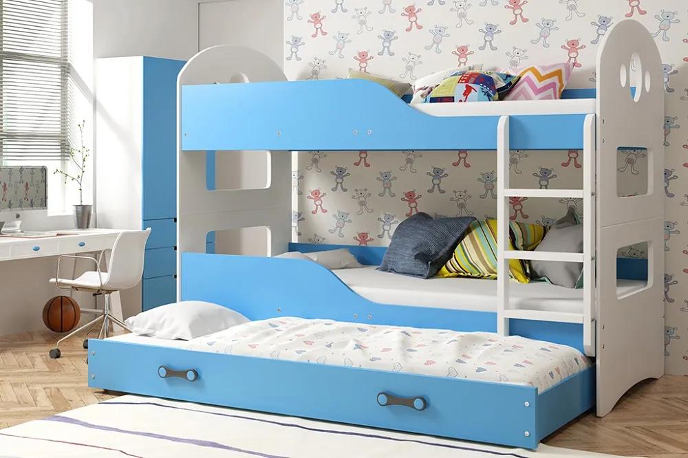 Poschodová posteľ s prístelkou DOMINIK 3 - 190x80cm Biely - Modrý