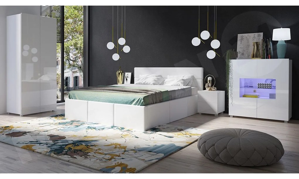 Spálňa Bralani XIX, Farby: dub zlatá, Dostupné poťahy: ekokoža Soft 017, Osvetlenie: osvetlenie LED modré