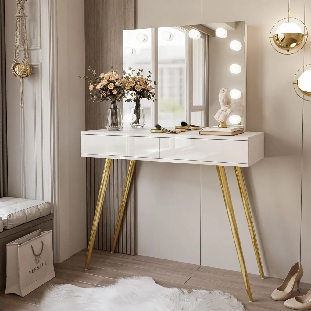 TOALETNÝ STOLÍK KATHLEEN SHINE BIELY LESK + ZLATÉ NOHY + ZRKADLO