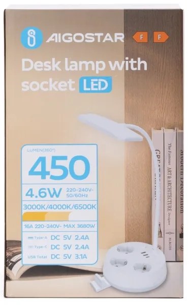 Aigostar - LED Stmievateľná stolná lampa so zásuvkami a USB LED/4,6W/230V biela