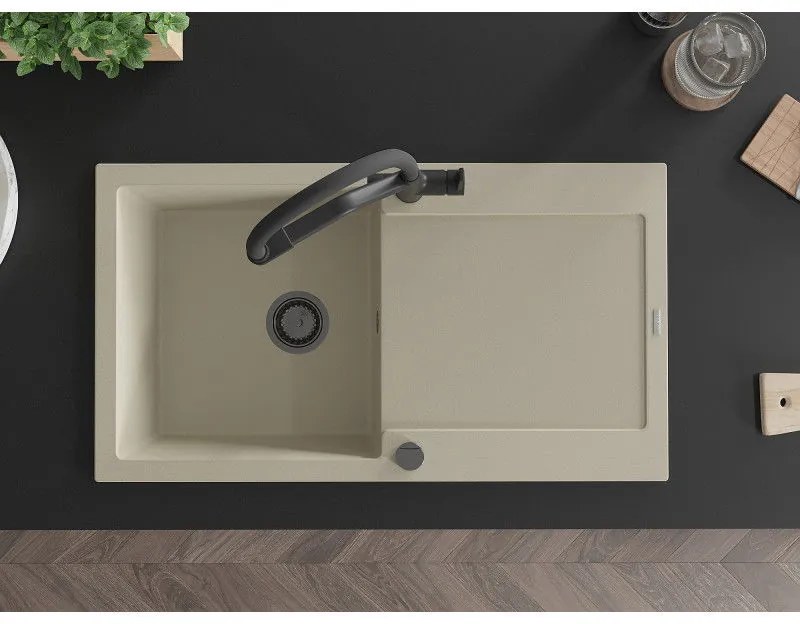 Mexen Leo, 1-komorový granitový drez 900x500x190 mm a drezová batéria Duo, béžová, 6501-69-671701-70-B
