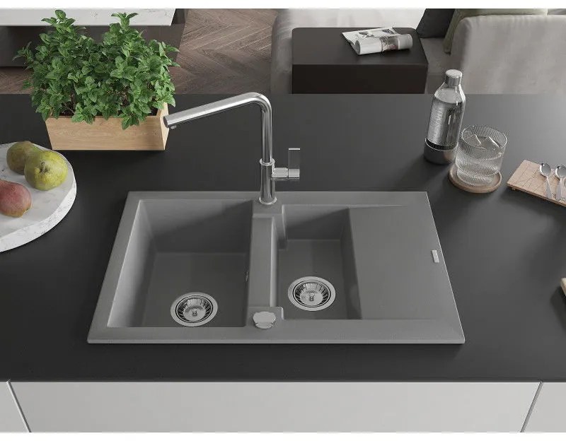 Mexen Gaspar, 1,5-komorový granitový drez 737x475x177 mm a drezová batéria Flora, šedá, 6507-71-670401-00