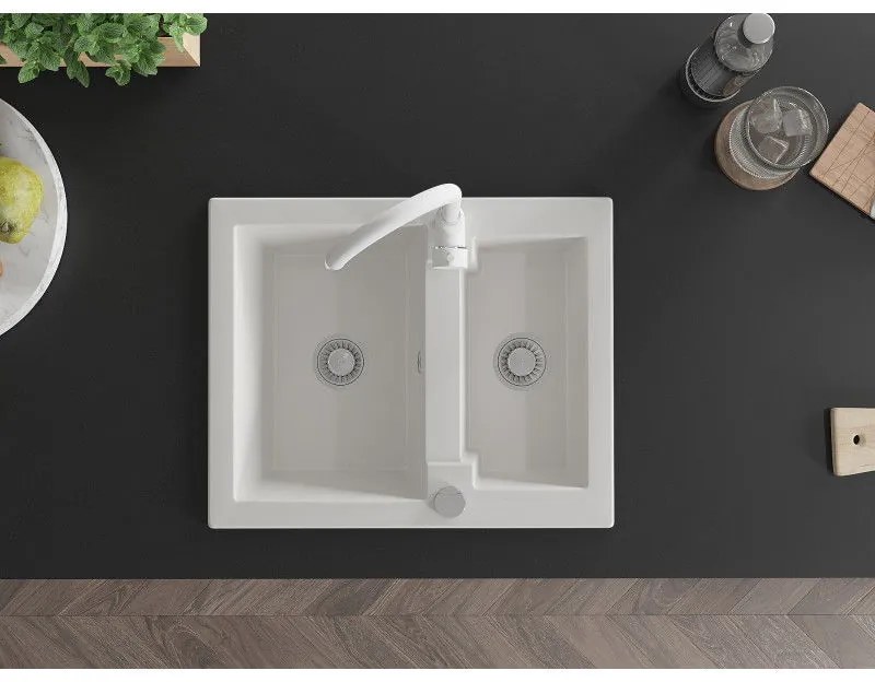 Mexen Carlos, granitový drez 582x475x177 mm, 1,5-komorový a biela drezová batéria Telma, biela, 6518-20-670200-20